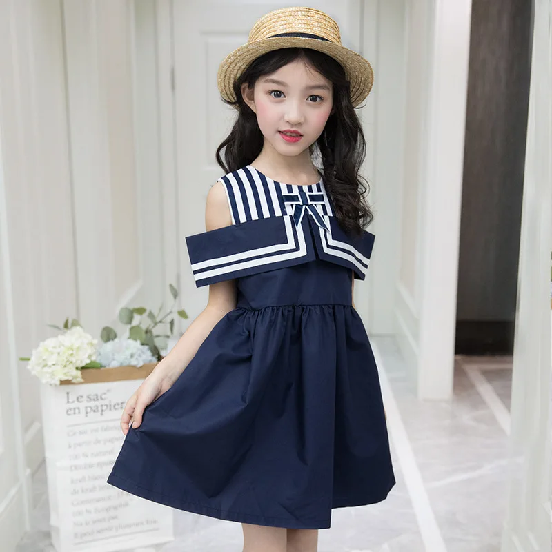 

Summer Kids Dresses Off Shoulder Military Girls Dress 3 4 5 6 7 8 9 10 11 12 Years Sleeveless Baby Girl Casual Clothes Big Girls