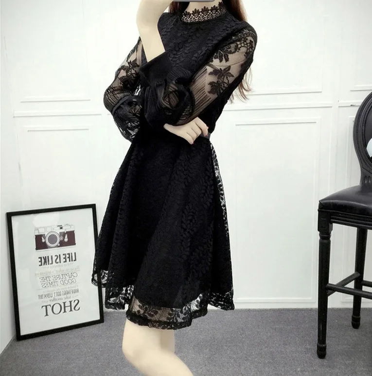 Новинка весны, женское кружевное Открытое платье с вышивкой, сексуальное модное платье в консервативном стиле, длина до колена размера плюс 3XL - Цвет: Черный