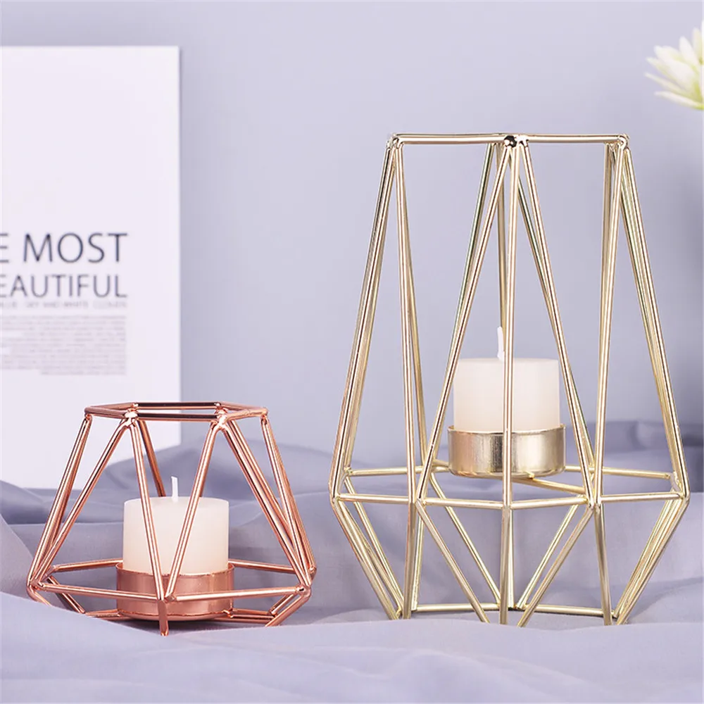 

Romantic Metal Candle Stand Scandinavian Geometric Golden Iron Candlestick Table Decoration Chic Rose Gold Candle Holder