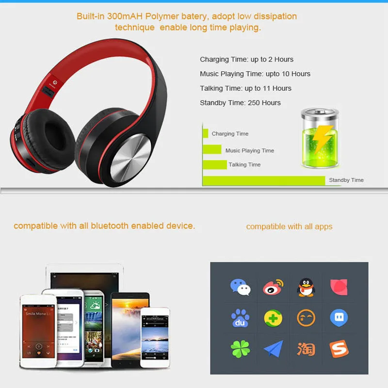 YTOM Foldable Bluetooth Headphones Wireless Headset Stereo Earphone with Microphone support TF Card  for iphone xiaomi