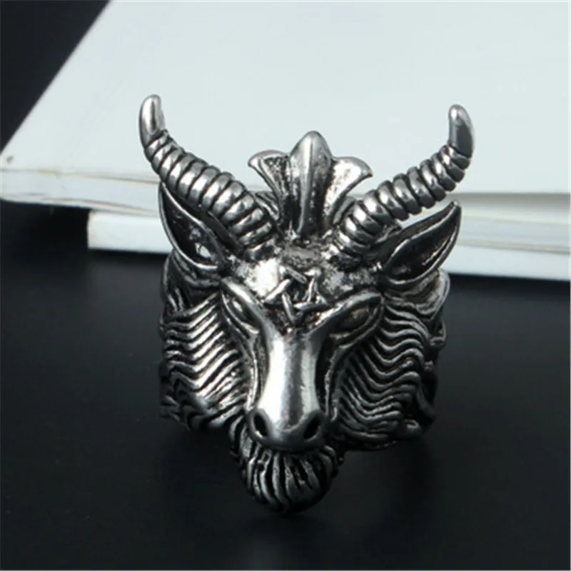 

Fashion Big Sheep Goat Horn Head Ring Satan Worship Baphomet Aries Zodiac Wicca Star For Men Unique Biker Punk Animal Jewelry