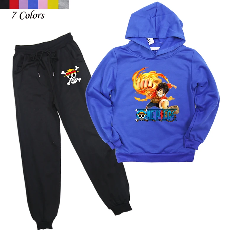 

2Pcs Children Clothes One Piece Printed Boys Girls Monkey D. Luffy Hooded Sweatshirt Pullovers Tops Harem Pant Jogging Suit