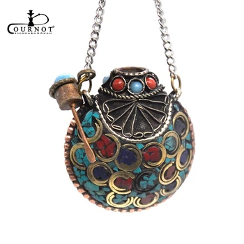 

COURNOT Delicate Tibetan Coral Gemstone Brass Spoon Snuff Bottle Pendant Turquoise Coral Metal Snuff Snorter Dispenser Nasal