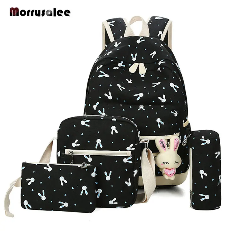 

2018 Canvas Backpack Printed Shoulder Bags Sweet Lady Junior High School Student Bags Travel Backpack Set 4 pieces