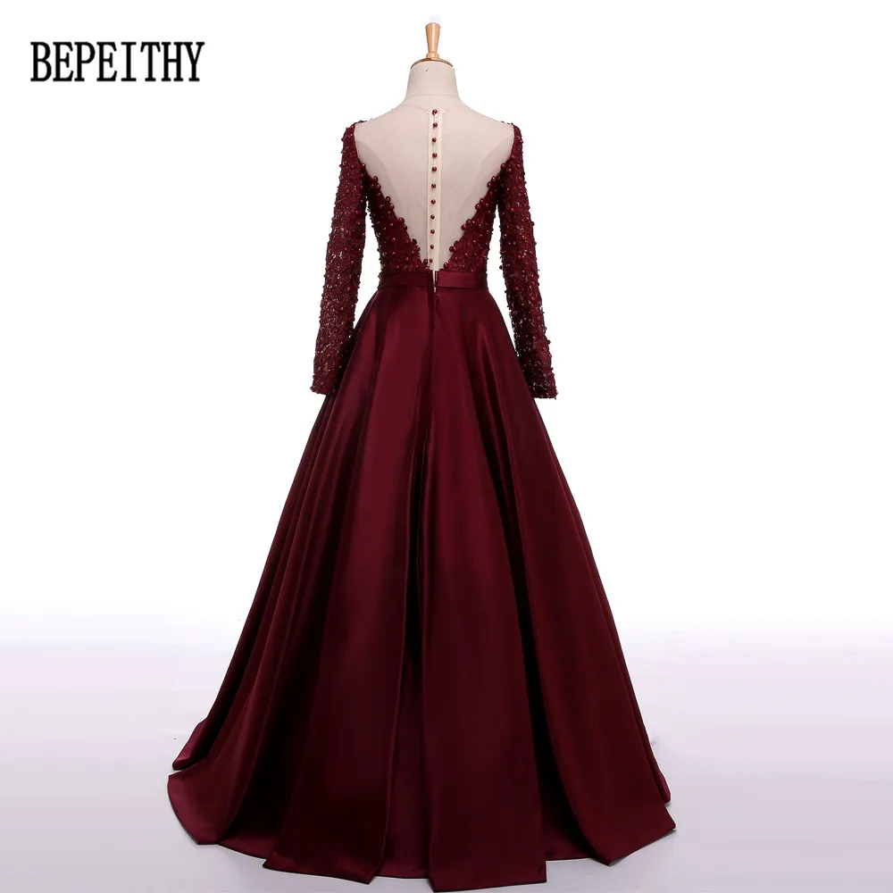 BEPEITHY Robe De Soiree Long Sleeve Burgundy Satin Evening Dress Long Vestido De Festa Longo Elegant Dresses 2019