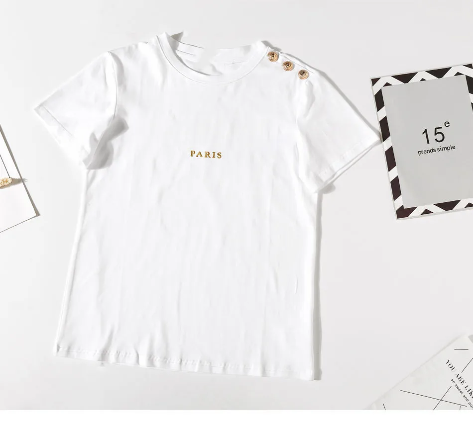 

2019 new women t shirt black white shoulder white gold buckle hot stamping gold letter short-sleeved cotton round neck T-shirt