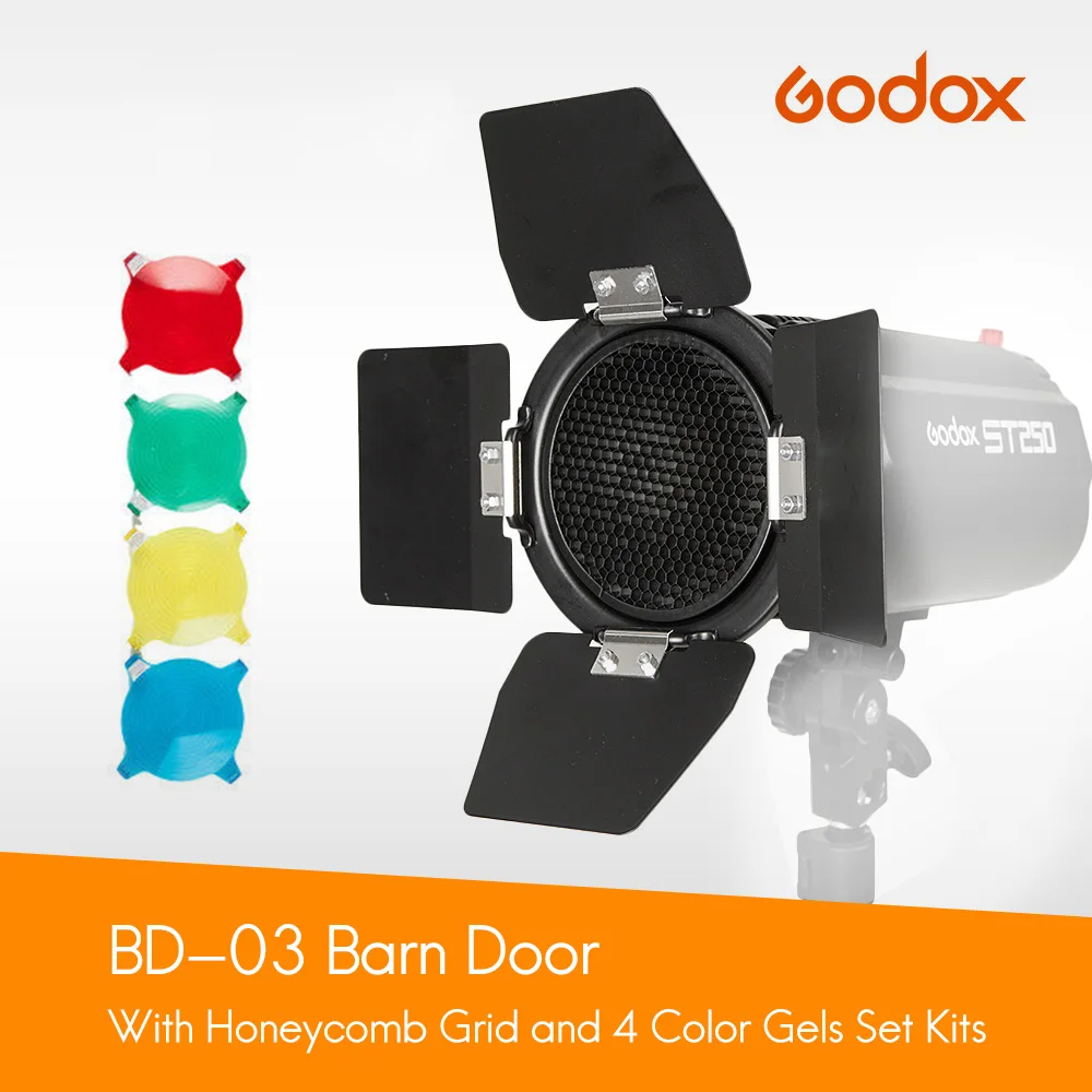 

Godox BD-03 Barn Door Universal Mount+Honeycomb Grid + 4 Color Filter Standard Reflector Flash Accessories