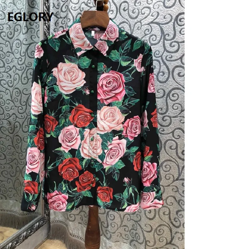 

Tops Fashion New 2019 Spring Summer Silk Blouse Shirt Women Turn-down Collar Rose Flower Print Long Sleeve Casual Shirt Blusa