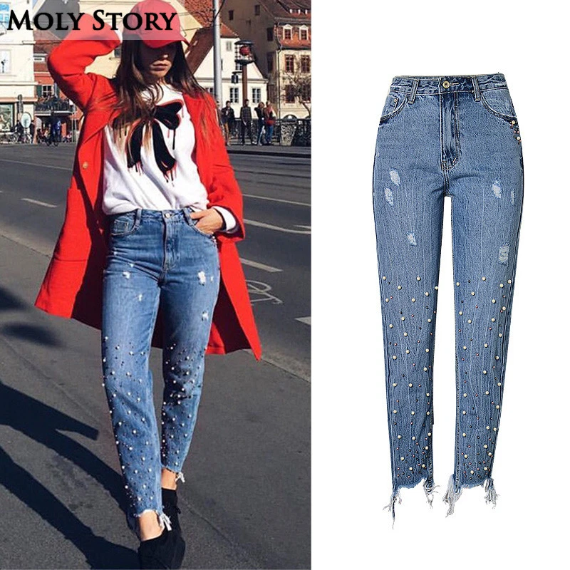 新しいファッション真珠ビーズジーンズ女性ハイウエストカジュアルレディース破れたジーンズライトブループラスサイズデニムパンツ Jeans Light Beaded Jeansladies Ripped Jeans Aliexpress