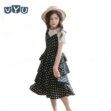 2019 Kids Teens Girls Short Sleeve Polka Dot Printed Princess Dress Suit White T Shirt+Chiffon Strap Ruffled Dress 2 Pieces Set