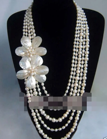 

Jewelr 005239 5 Row handmade Natural Pearl shell flower necklace Statement Necklace
