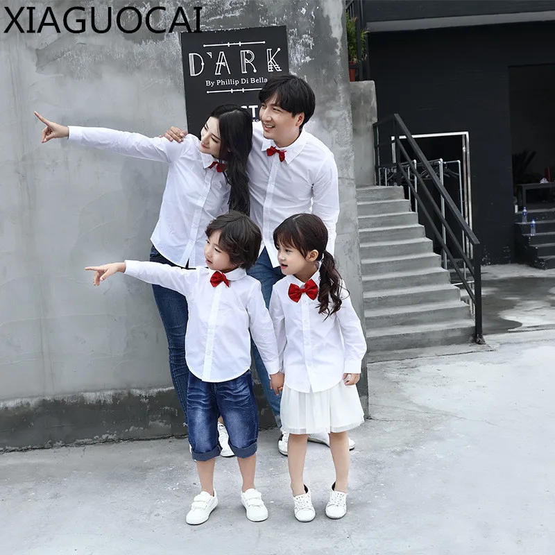 

2019 New Family Matching Outfits Father Mother Boys Girls Long Sleeve shirt Daughter White Blouse Clothes Tops Red bow D42 10