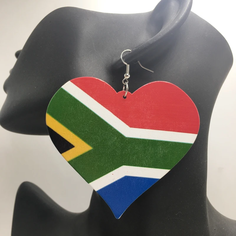 

Free Shipping! Printing South Africa Flag Heart Wooden Earrings