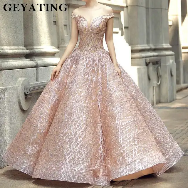 Sparkly Rose Gold Sequined Ball Gown Wedding Dress Princess Off