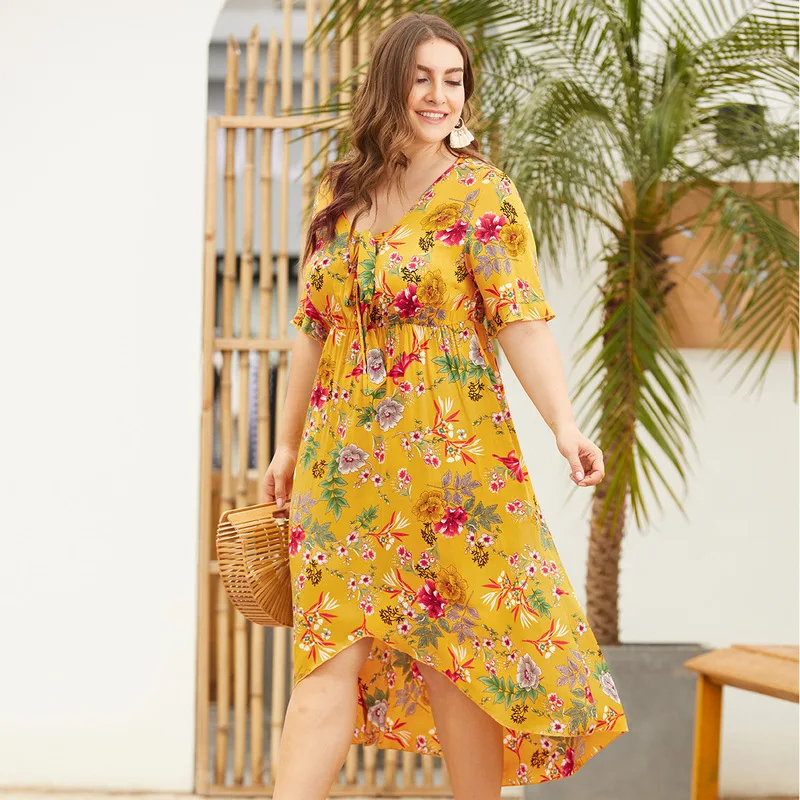 

Original design with V-neck short-sleeved high waist front short long grow large size women's printed dress plaid dress