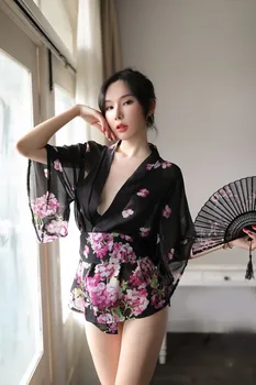 

Women Japanese Kimono Sleepwear Sexy Deep V-neck Kimono Floral Printed Nightwear Short Bath Robe