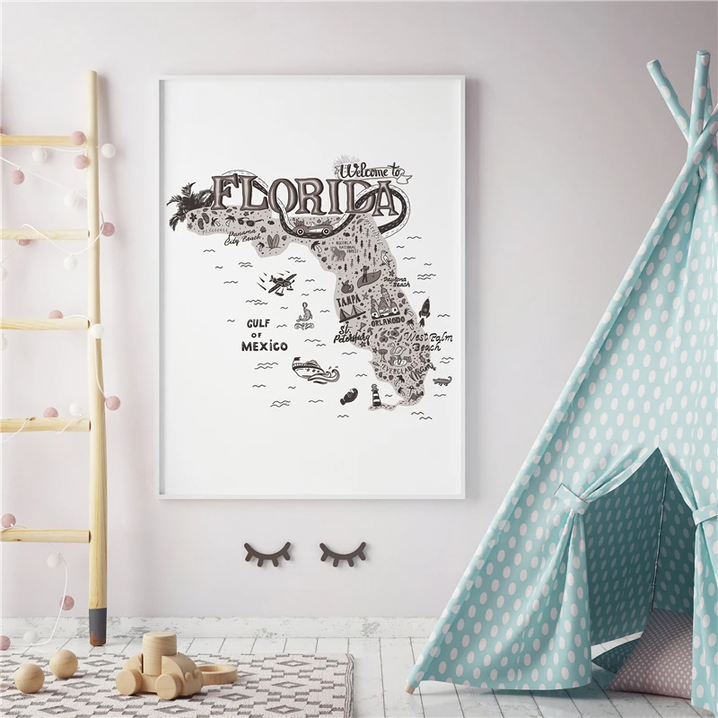 

Map Of Florida Cities Minimalist Canvas Painting Oil Print Poster Wall Art HD Picture For Kid Living Room Home Bedroom Decor
