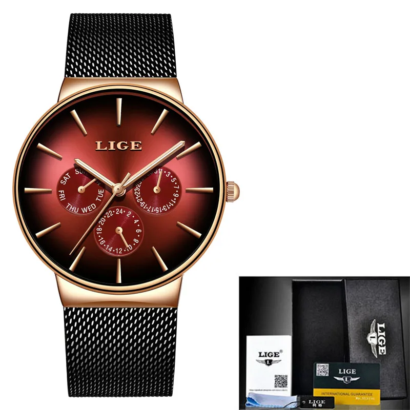 LIGE, женские часы, Топ бренд, Роскошные, спортивные часы, сетка, сталь, дата, неделя, водонепроницаемые, кварцевые часы, женские часы, Montre Femme, подарок - Цвет: Rose gold red