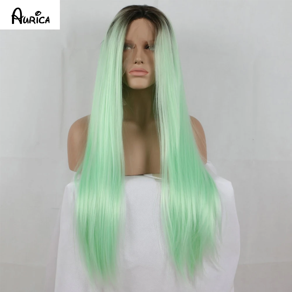 

Fashion Ombre Mint Mermaid Green Long Straight Synthetic Lace Front Wig Glueless Dark Brown/Green Heat Resistant Hair Women Wigs