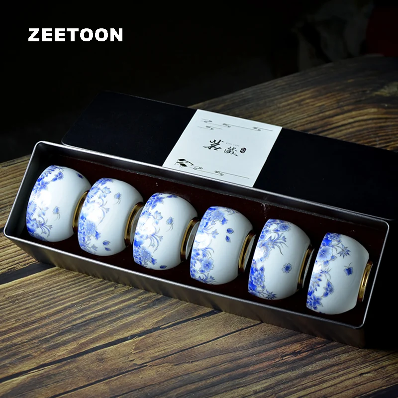 

6PCS / Lot 90ml Jingdezhen Color Enamel Ceramic Blue and White Porcelain Teacup Kung Fu Tea Set Master Tea Cup Vintage Drinkware