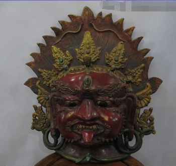 

005343 Tibet classical 100% Bronze inlay Red coral Mahakala Buddha Head Mask Statue