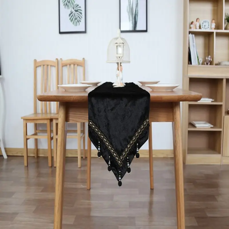 European Luxury Black Solid Tassel Table Runner Coffee Tea ...