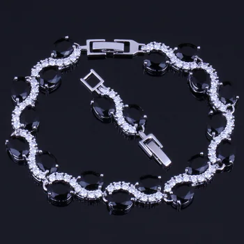 

Delightful Oval Egg Black Cubic Zirconia White CZ Silver Plated Link Chain Bracelet 18cm 20cm V0055