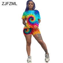 Rainbow Tie Dye Sexy Two Piece Set Summer Plus Size Beach Outfits Women Short Sleeve T-Shirt And Biker Shorts Casual Tracksuits plus size bowtie tie dye handkerchief t shirt
