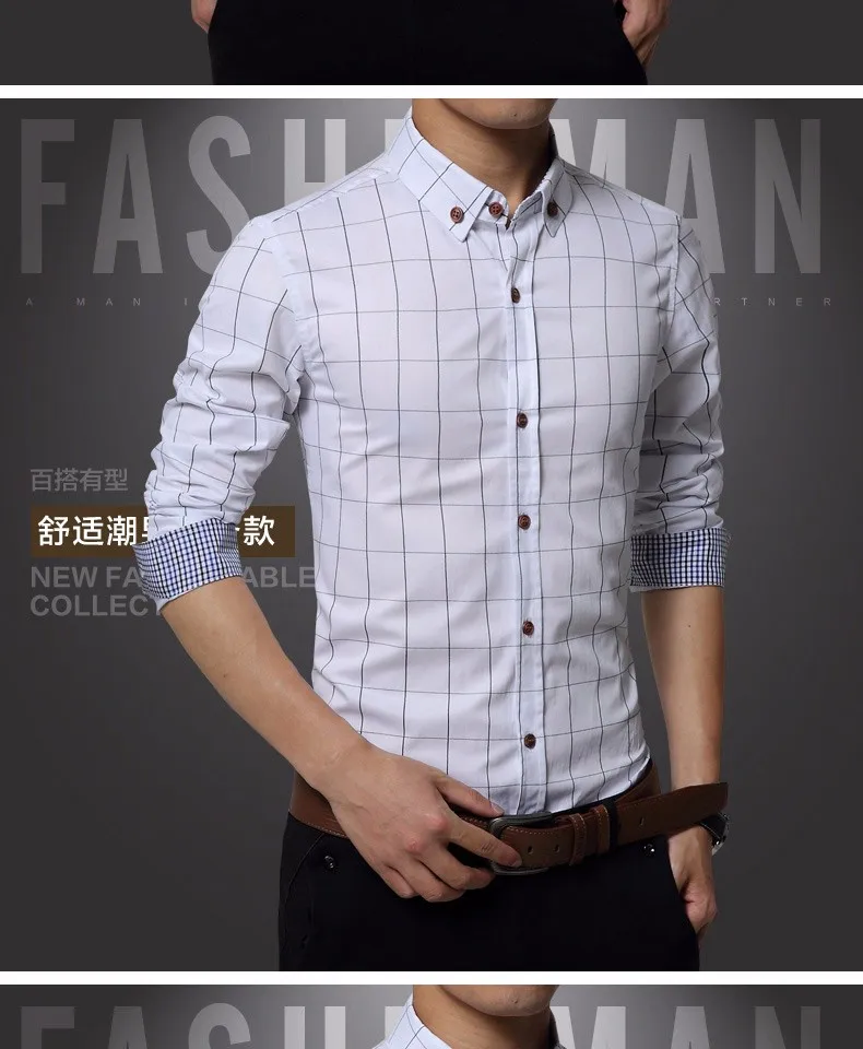 nova marca de moda dos homens camisa de algodão xadrez camisa masculina ajuste fino camisa social homens de manga comprida negócios hombre