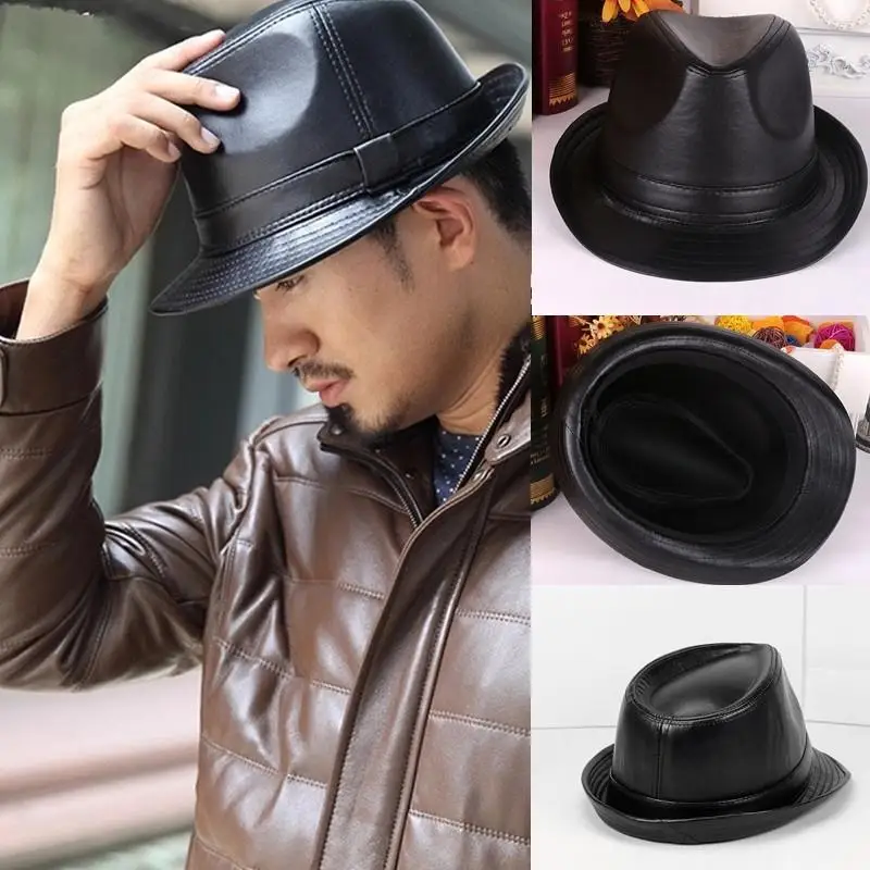 

Men Women Leather Bowler Cap Black Jazz Vintage Casual Short Brim Gentleman Hat