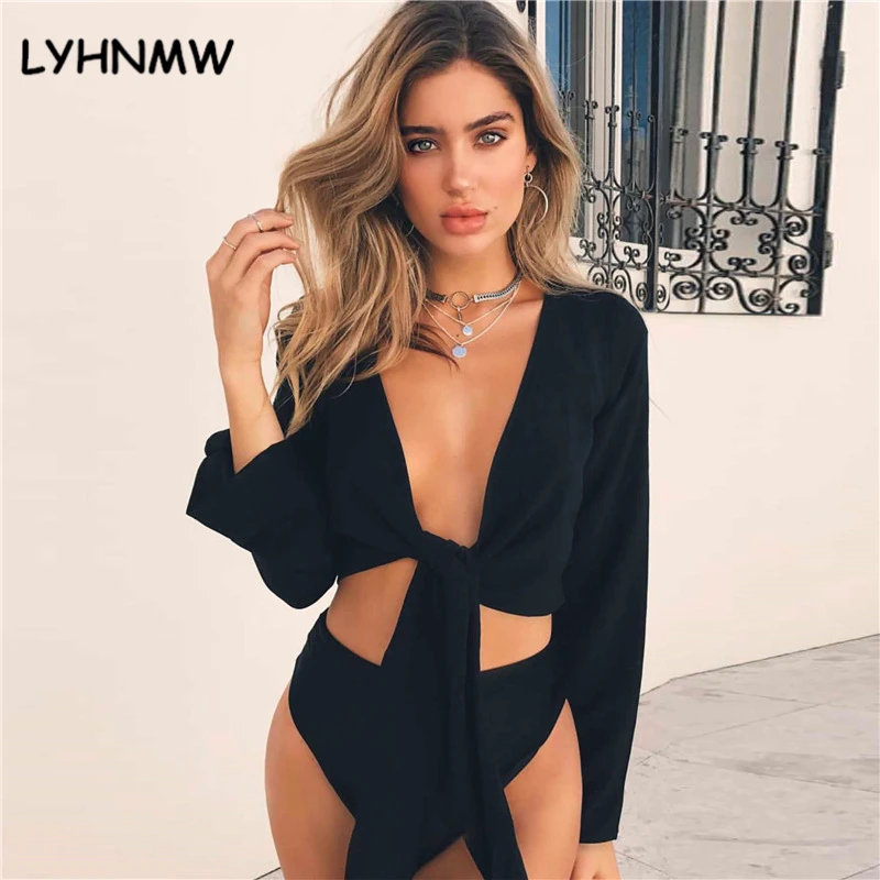 Lyhnmw пикантные черные сапоги спереди Кружево Up Crop Top Для женщин футболки 2018 Лето