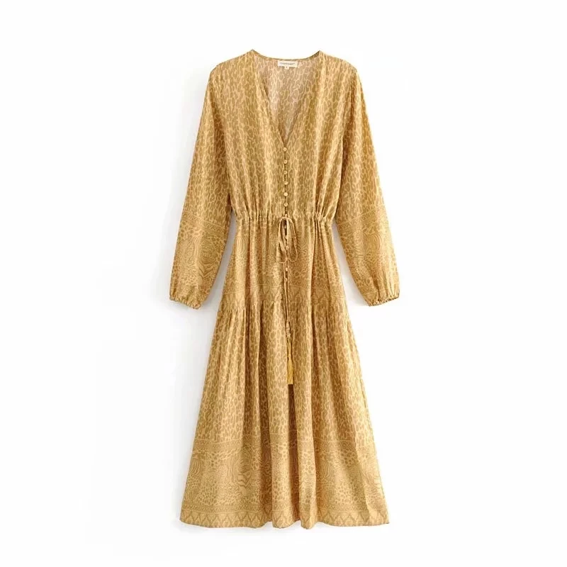 

New vintage women yellow leopard long dress 2019 fashion ladies tassel pleated dresses parties girls elegant dress feminine chic