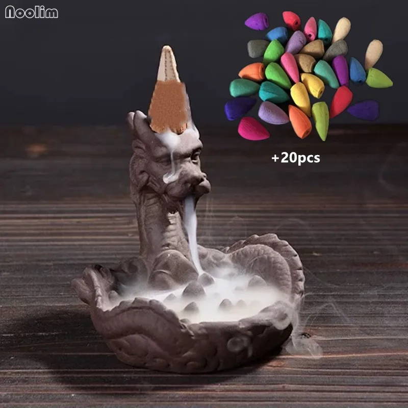 

Ceramic Dragon Statue Backflow Incense Burner Aromatherapy Censer Home Teahouse Decoration Ornaments + 20pcs Incense Cones