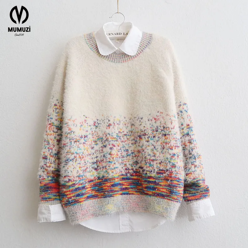 

MUMUZI 2017 Fashion Flower Brand Printed Tops Shop Women Sweater O-neck Long Sleeve Loose Pullovers Cashmere Knitwear Tops
