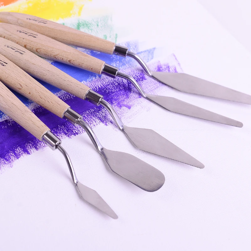  5pcs set Stainless Steel Palette Scraper Set Spatula Knives Painting Knife Blade Wooden Handle Arti