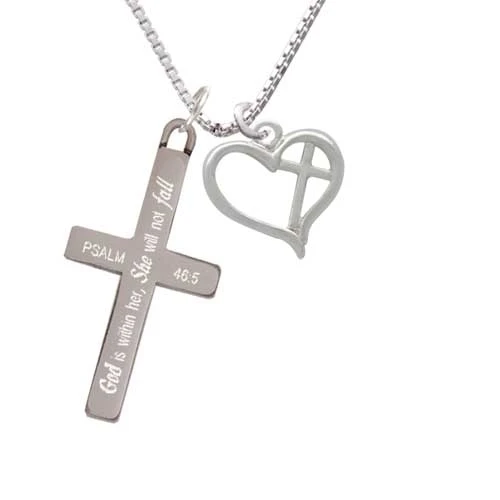 Heart Outline with diagonal Cross - She will not Fall - Cross Necklace (1)