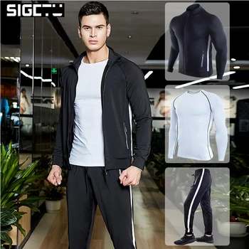 

2019 Running Set Men's Gym Clothes Stretchy Compression Tights Sportswear Fitness Training Sports Jogging Suits 3 in1 set #1839