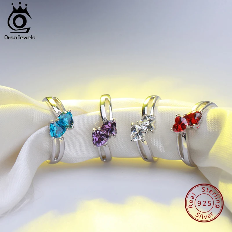 ORSA JEWELS однотонное 925 пробы Серебряное кольцо для женщин двойной поцелуй в форме сердца синий красный прозрачный фиолетовый CZ подарок на день Святого Валентина ASR58