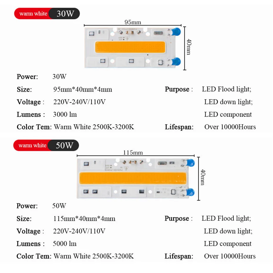 Светодиодный светильник высокой мощности прожектор Smart IC COB Chip AC 110V 220V 240V Led 30W 50W 100W