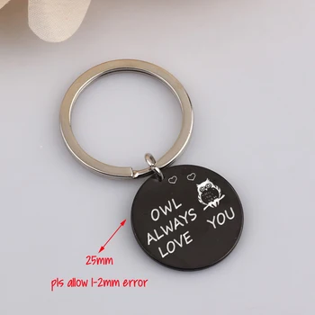 

Stick Figure Owl Keychain Engraved Owl Always Love You For Boyfriend Girlfriend Round Charm Stainless Steel Key Ring Holder Tag