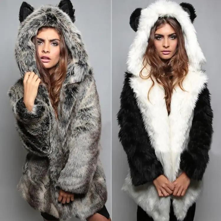 Fur & Faux Fur Winter Long Jacket Coat With Hood Cat Ears Collar Women