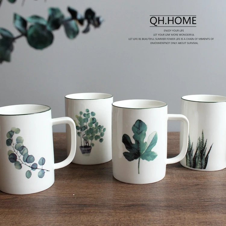 

7 Styles 480ML Kitchen Bar Supplies Ceramic Cup Green Plant Pattern Mug Couple Cup Milk Cup Drinkware Wedding Gift Free Shipping