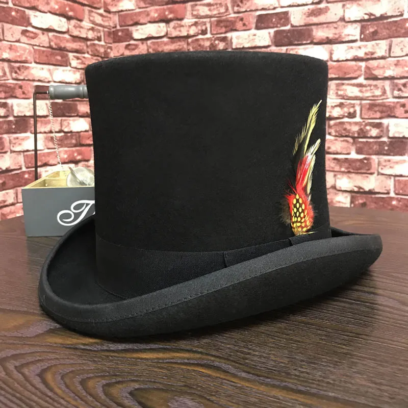 Online Sombrero de fieltro de lana negro para hombre sombrero plano con Sombrero Loco sombrero tradicional del partido del presidente sombrero mágico Steampunk con la pluma