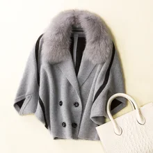 Fox Fur Collar Cardigan Coat for Women Drop-shoulder Camel Cashmere Manteau Femme Knitted Mink Cashmere Coat With 9036