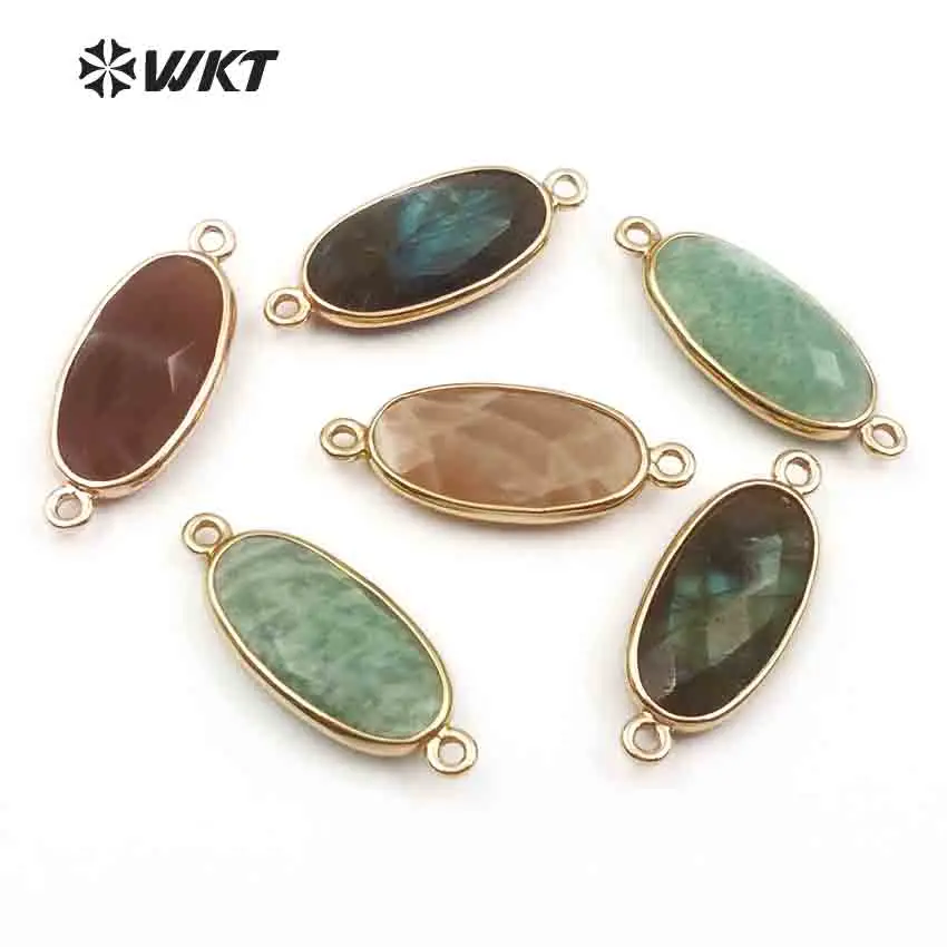 

WT-C264 Faceted Natural Stone Connector Amazonite, Labradorite, Pink Quartz With Gold Trim Double Loops For Women Making Jewelry