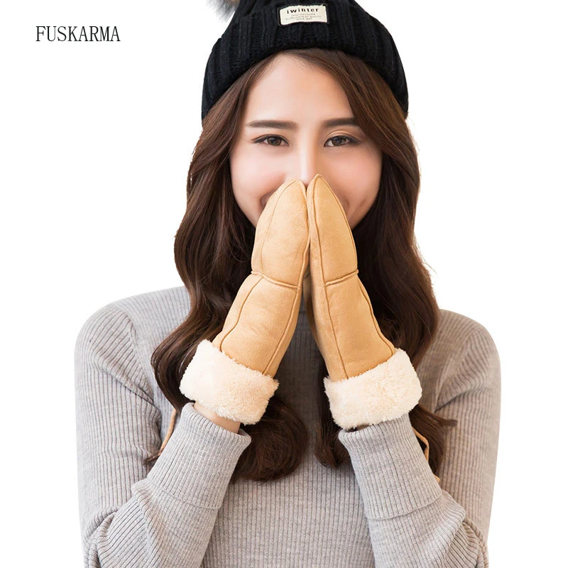 FUSKARMA Women's Gloves Solid Collar Gloves, Ladies Winter Thickening Warm Cycling Mittens Cute