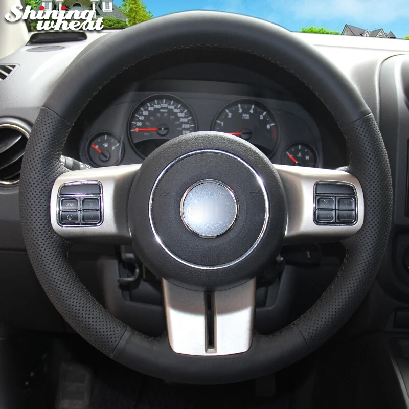 Shining Wheat Black Genuine Leather Car Steering Wheel Cover For Jeep
