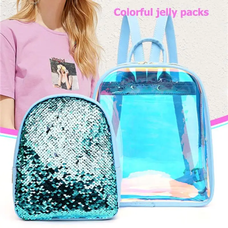 

2pcs/set PVC Transparent Sequined Fashion Women Backpacks Jelly Color Sequins Teenage Girls Student School Shoulder Bags