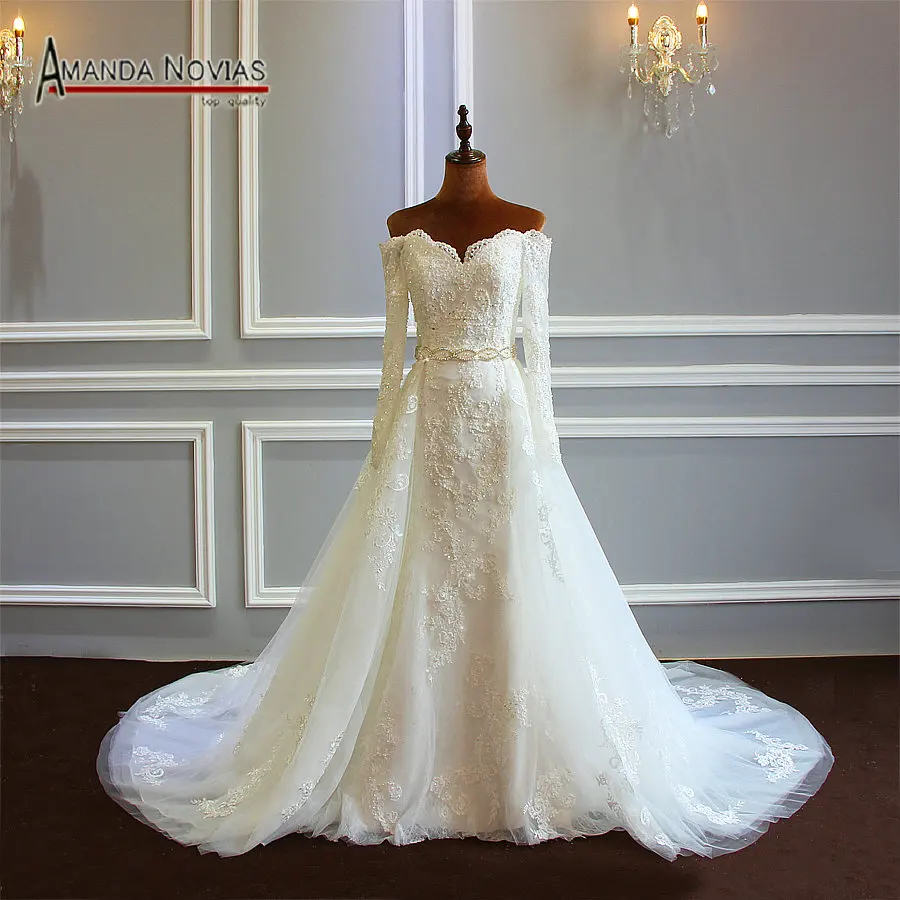 Robe soiree свадебное платье со съемной юбкой полный кружевной рукав свадебное платье