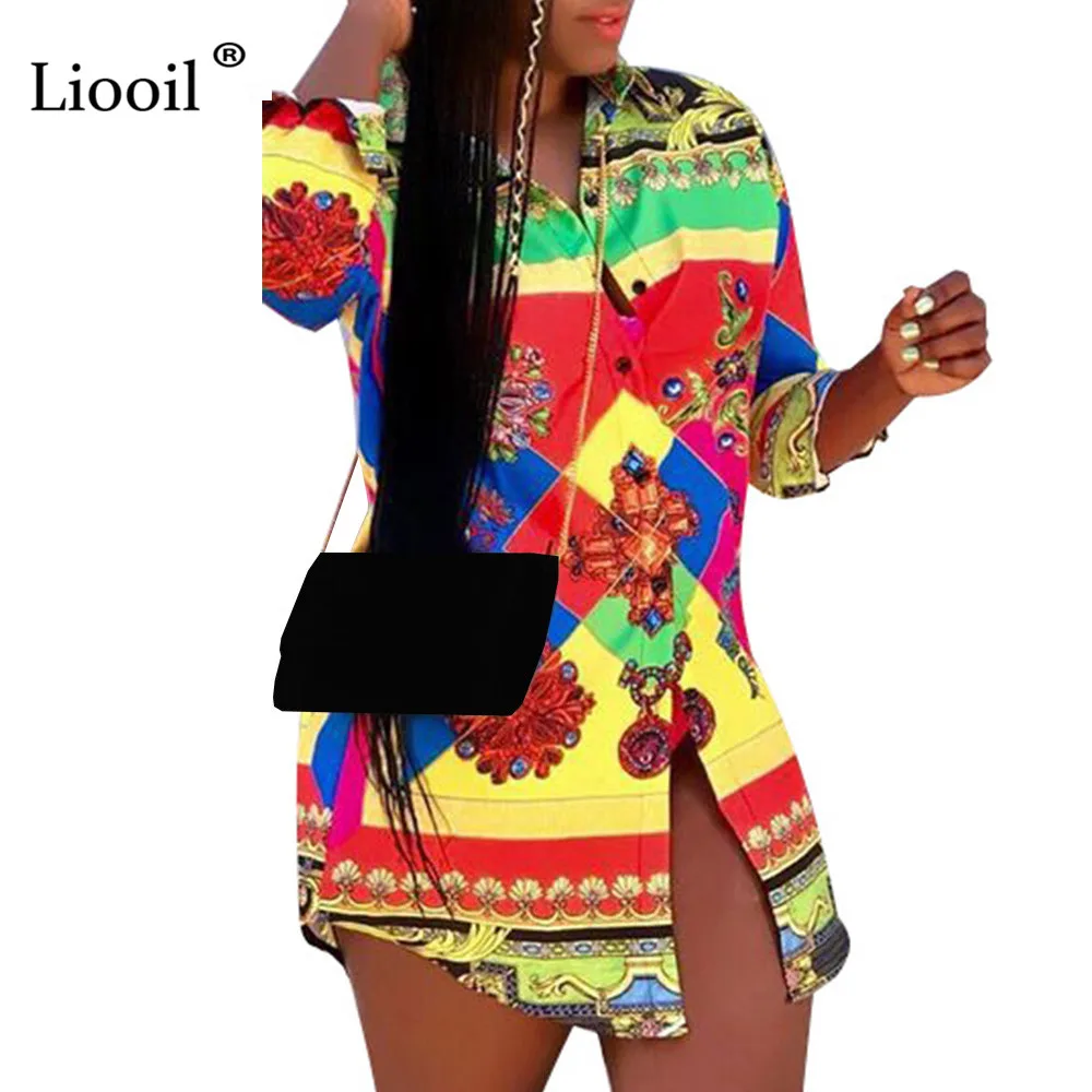 

Liooil Plus Size Print Shirt Dress Women New Arrival 2019 High Waist Mini Dress Sexy Club Wear Tshirt Dresses Woman Party Night
